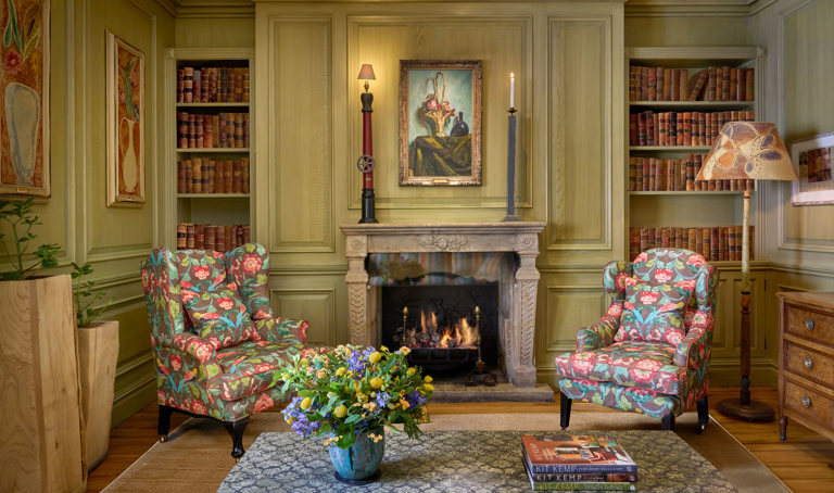 Close shot of the fireplace in the Library at Charlotte Street Hotel
