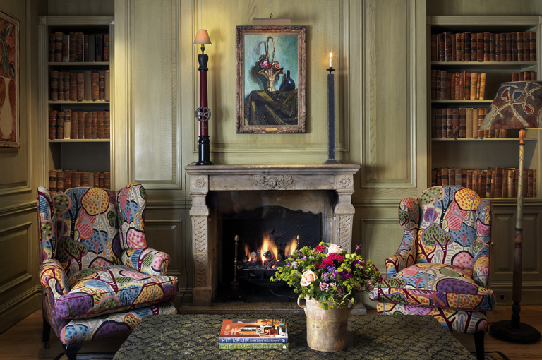 Close shot of the fireplace in the Library at Charlotte Street Hotel