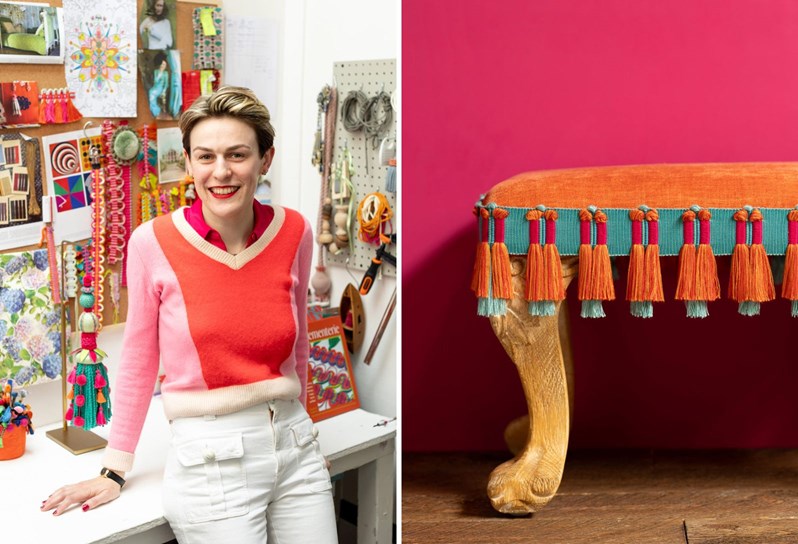 A stitched image to promote the Passementerie Tassel making workshop with Elizabeth Ashdown at Ham Yard Hotel. on the left and image on Elizabeth Ashdown on the right a stool with Passementerie Tassels.