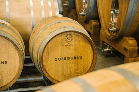 A wide angle close-up shot of the barrels inside the Gusbourne Winery in Kent