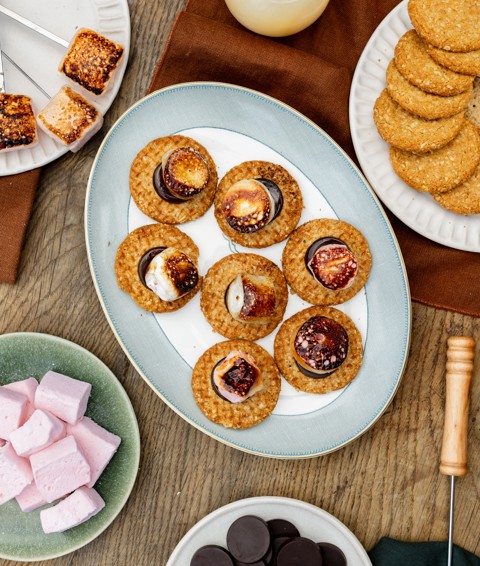 A selection of s'mores and their components sit on a selection of colourful plates on a wooden table