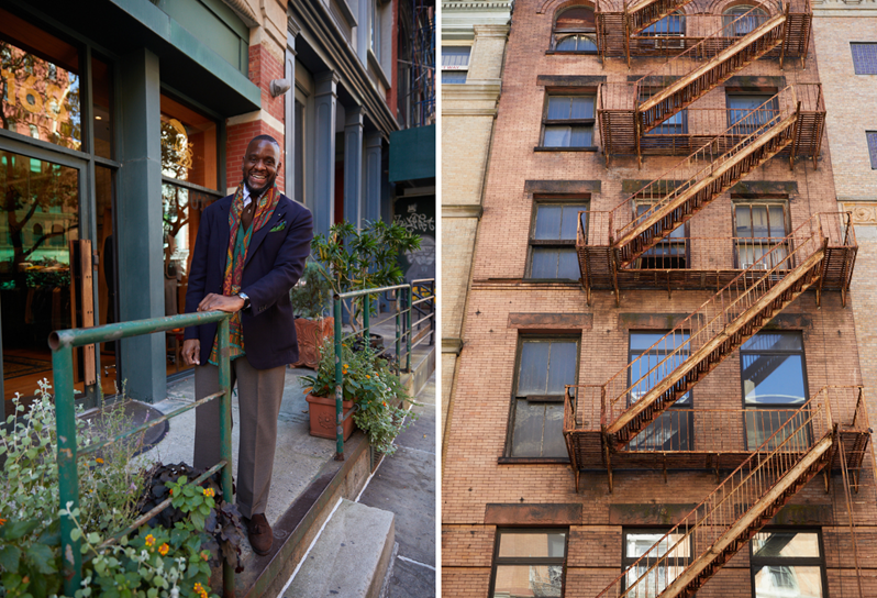 A man stands outside The Armoury menswear store in Tribeca NY  and a pictures of a red brick apartment block in Tribeca with metal stairs snaking down the side of the building
