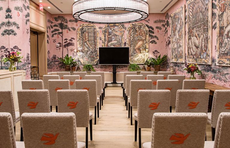 Wide shot of a wedding set-up in the Anrep private events room at The Whitby Hotel