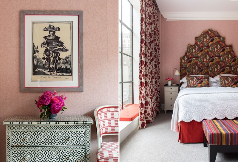 A split image of Luxury Room 409 at Crosby Street Hotel,. On the left and image of the chest of drawers with flowers. On the right, a image of the bed.