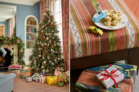 A stitched image that shows a festive Christmas setting at Haymarket Hotel, on the left, a beautifully decorated Christmas tree with twinkling lights, red berries, pinecones and ornaments beside a roaring fireplace, on the right, a close-up of traditional mince pies, wooden toys and colourful wrapped Christmas presents.