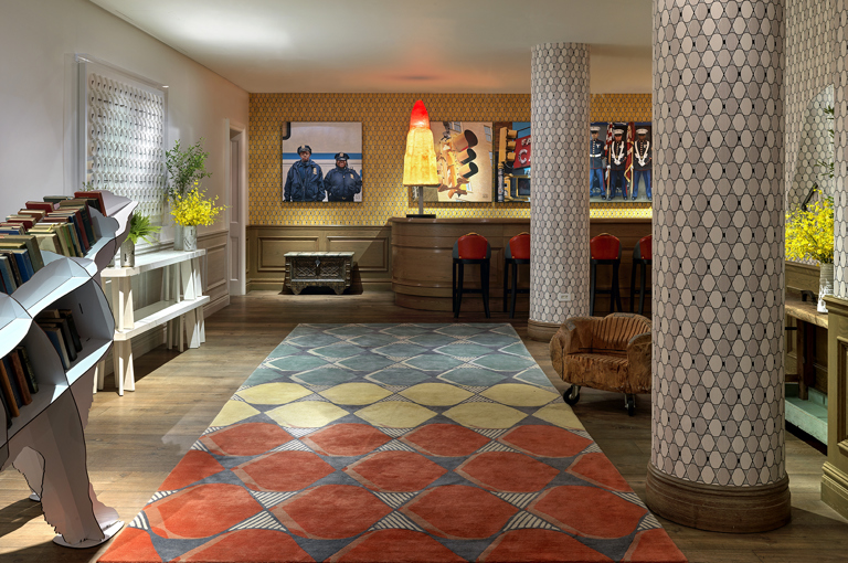 Overall shot of the private events lobby at Crosby Street Hotel