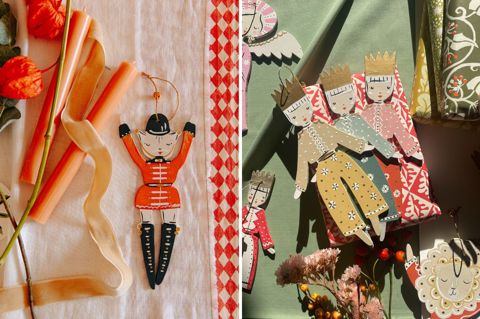 Two portrait images of different Christmas decorations by Alice Mary Lynch stitched together