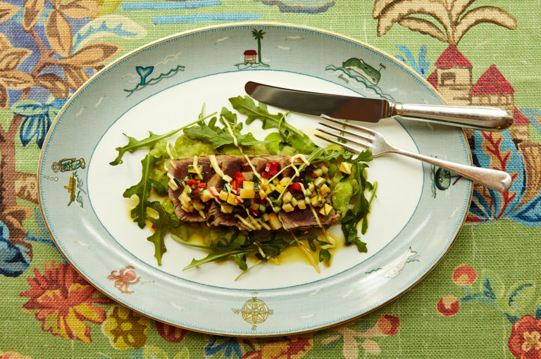 A close up shot of a seasonal dish, a Tuna dish on a plate, at the Whitby Bar.
