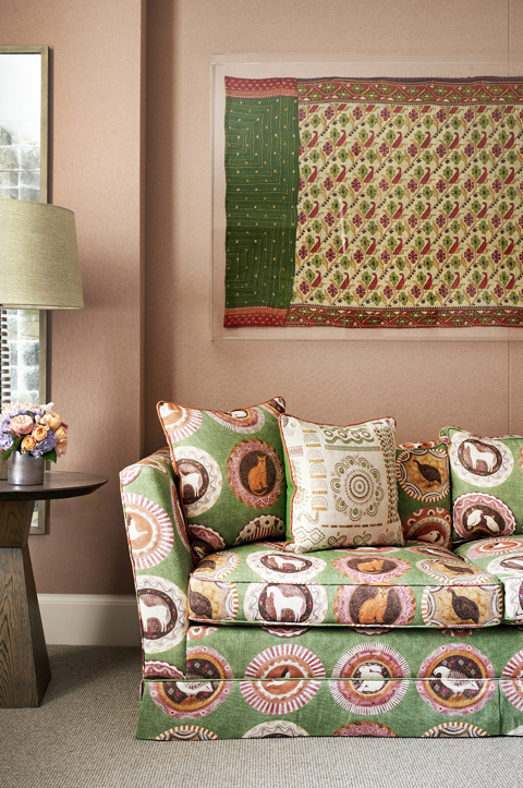 Portrait shot of the sitting area in Luxury Junior Suite, 303 at Haymarket Hotel