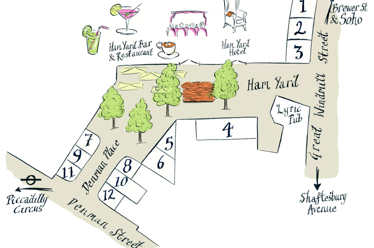 An illustrated map detailing the layout of Ham Yard Village. Numbered boxes mark the different units surround the space with trees in the middle. At the top, illustrated icons of food and drink and an armchair represent Ham Yard Hotel and Ham Yard Restaurant