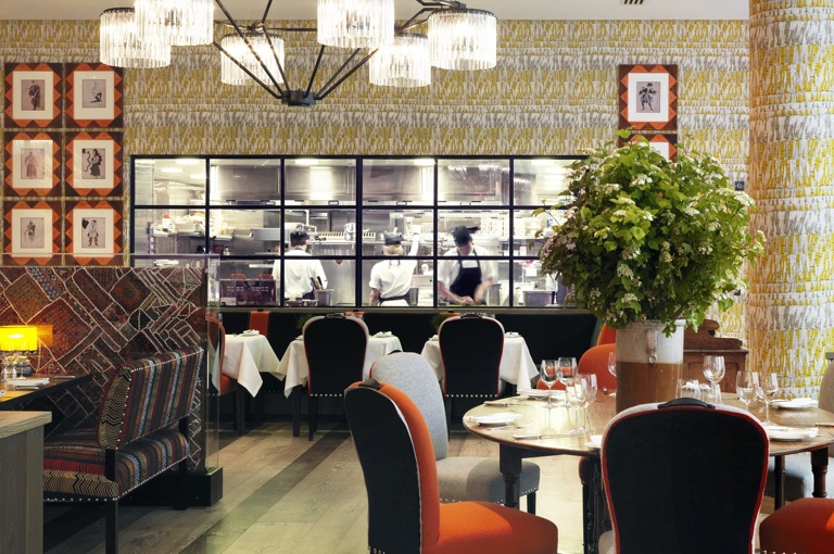 Wide shot of the Restaurant at Ham Yard Hotel