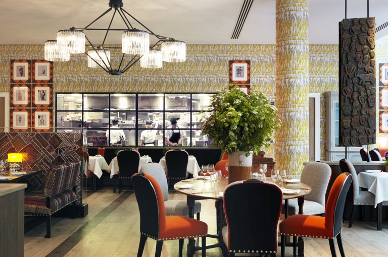 Wide shot of the Restaurant at Ham Yard Hotel