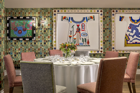 A close shot a round dining table in the Vanessa Bell private events room at Charlotte Street Hotel