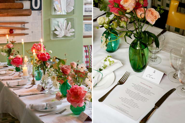 Two portrait images stitched together. Close shot of a long wedding table set-up in the Potting Shed at Dorset Square Hotel