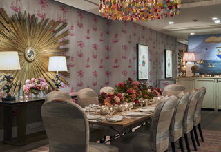 Shot of a long dining table set-up in the Spring private events room at Crosby Street Hotel