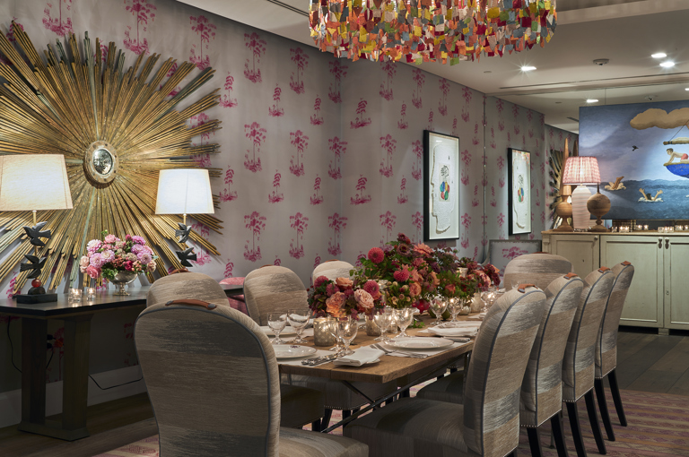 Shot of a long dining table set-up in the Spring private events room at Crosby Street Hotel