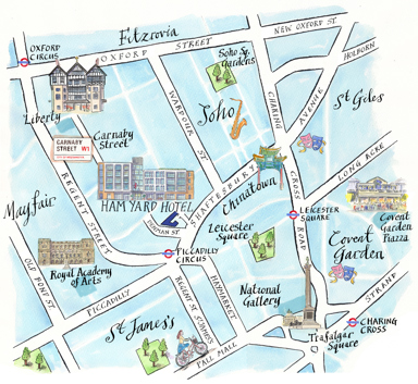 An illustrated map of Soho surrounding Ham Yard Hotel. Larger fonts and icons signify key areas Carnaby Street, Liberty, St James Square and Royal Academy Arts and nearby underground stations