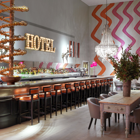 Wide shot of the Dive Bar as a private events space at Ham Yard Hotel