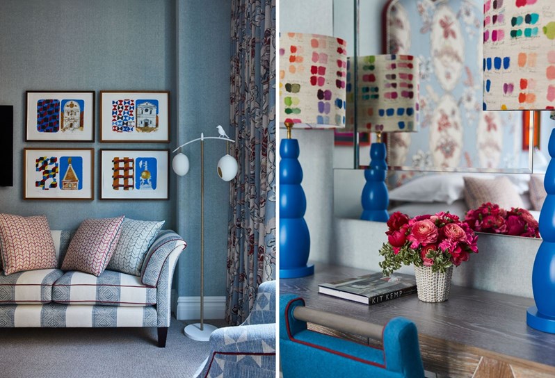 Two portrait photos stitched. On the left, a blue and white striped sofa, a blue wall with 4 geometric prints and a standing lamp. On the right, two blue lamps and pink flowers on a desk, in front of a mirror with a blue chair.