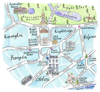 An illustrated map of South Kensington surrounding Number Sixteen Hotel. Larger fonts and icons signify key areas including the Natural History Museum, Royal Albert Hall, Kensington Palace and Kensington Gardens and nearby underground stations