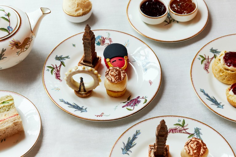 A details shot of cakes in London Calling Afternoon Tea at Haymarket Hotel on a table