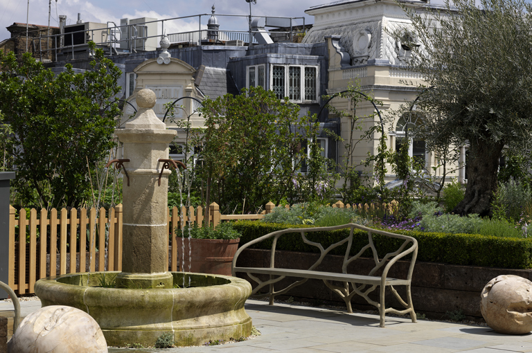 Detailed shot of a corner of the Roof Terrace at Ham Yard Hotel
