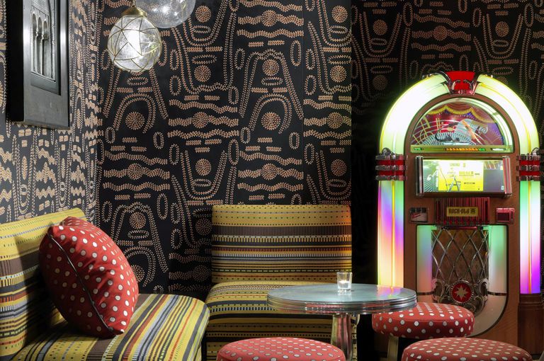 Close shot of a lounge table in the Crimson Bar private events room at the Soho Hotel