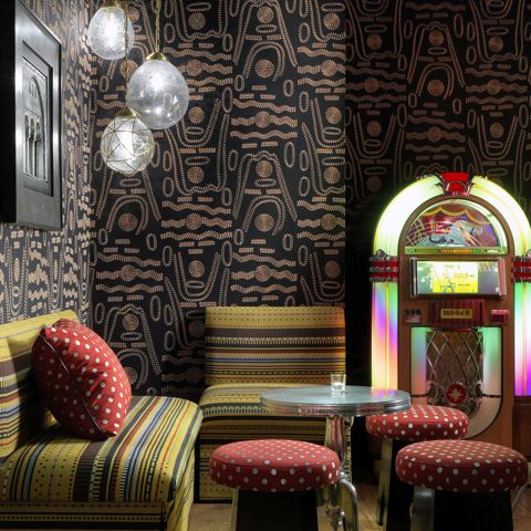 Close shot of a lounge table in the Crimson Bar private events room at the Soho Hotel