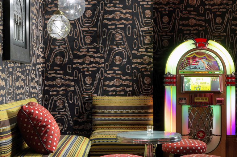 Close shot of a lounge table in the Crimson Bar private events room at the Soho Hotel