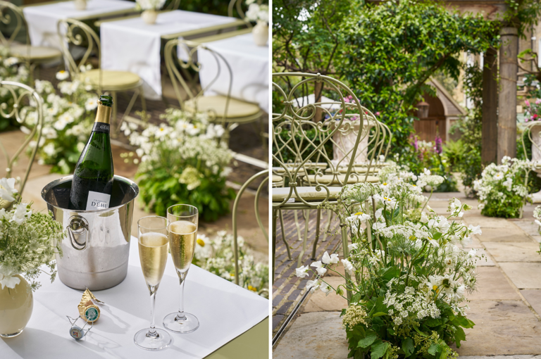 Two portrait images stitched together. A close shot of a champagne bottle and 2 glasses or a wedding in the Orangery as a private events space at Number Sixteen