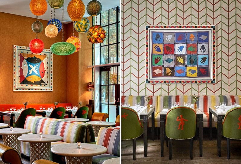 Slideshow of two portrait shots of the Crosby Bar and Restaurant: facing the back corner with some bar tables and sofas  on the left. The right image shot is of three squared restaurant tables along a wall with a sofa.