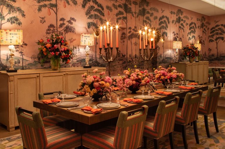 Diagonal shot of a long dining table set-up in the Araminta private events room at the Whitby Hotel