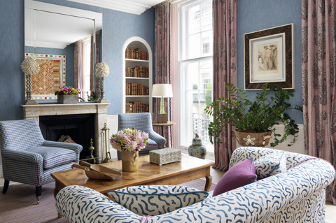A diagonal shot of the sitting area of the Drawing Room in The Townhouse at Haymarket Hotel