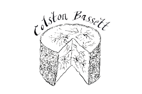 A black line illustration of a round cheese with a triangle cut out with Colton Bassett written above on a transparent background