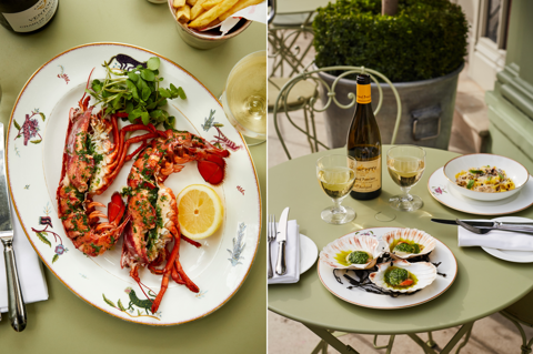 Two portrait images stitched together: To the right is an outdoor table with summer seafood dishes, and to the left is a close up shot of a lobster dish