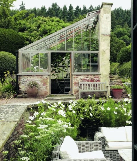 An image to promote Harriet Thystlethwaytes new book 'A country style: living and creating with nature through the seasons'. This is an image of the greenhouse in full bloom.