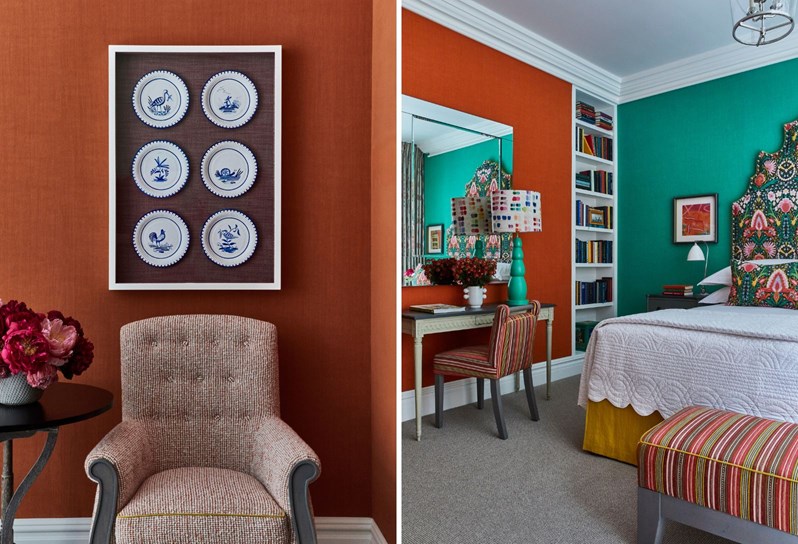 Two portrait images stitched. On the left, a set of six plates framed on an orange wall, an orange stitched armchair and a coffee table with pink flowers. On the right, a bookshelf and mirror on the wall with a desk, turquoise lamp and striped chair. A bed with a multicoloured headboard and a striped ottoman.
