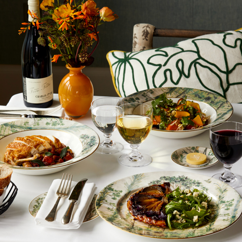 A portrait of a table of main dishes served at Ham Yard at Frieze Masters