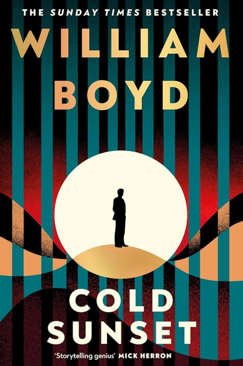 The cover of the book Cold Sunset by William Boyd featuring a graphic cover of a man illuminated by a large moon