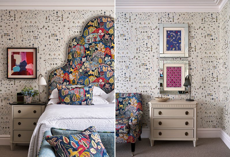 A room at Ham Yard Hotel with a large statement headboard