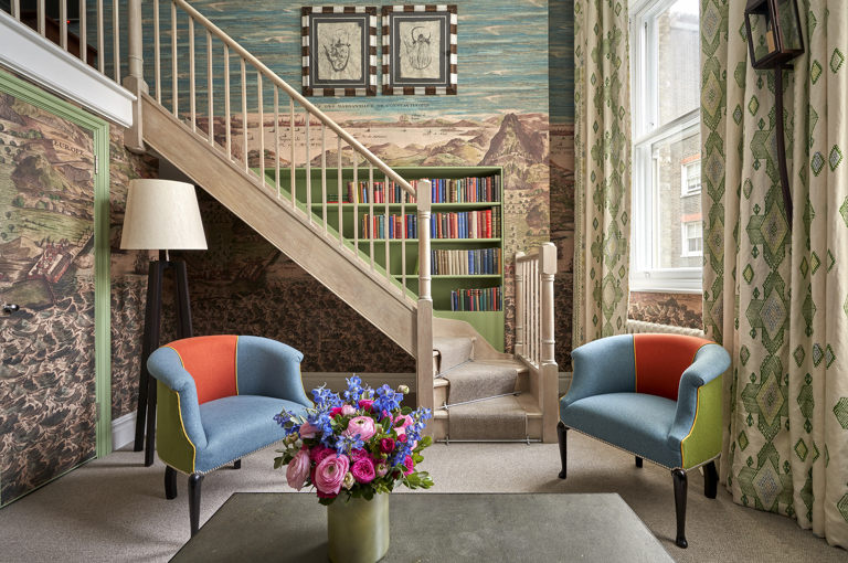 Living room and stairs shot of room 110, a Loft Suite at Charlotte Street Hotel