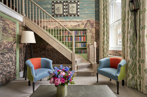 Living room and stairs shot of room 110, a Loft Suite at Charlotte Street Hotel