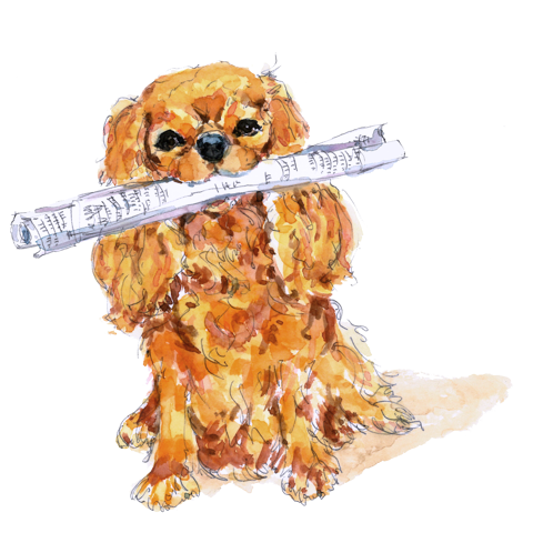 A watercolor-style illustration of a dog holding a newspaper with its mouth.