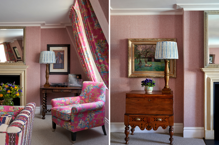 Two portrait images stitched together. On the left an armchair in the room and on the right an antique chest with a lampshade in Charlotte Street Hotel