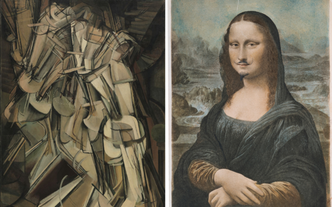 A collection of art by Marcel Duchamp showing a cubist painting and a defaced version of the Mona Lisa