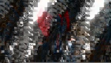 A still from 'Avatar: Fire & Ash'. A blue and red supernatural creature with tribal make up and costume and long braided hair