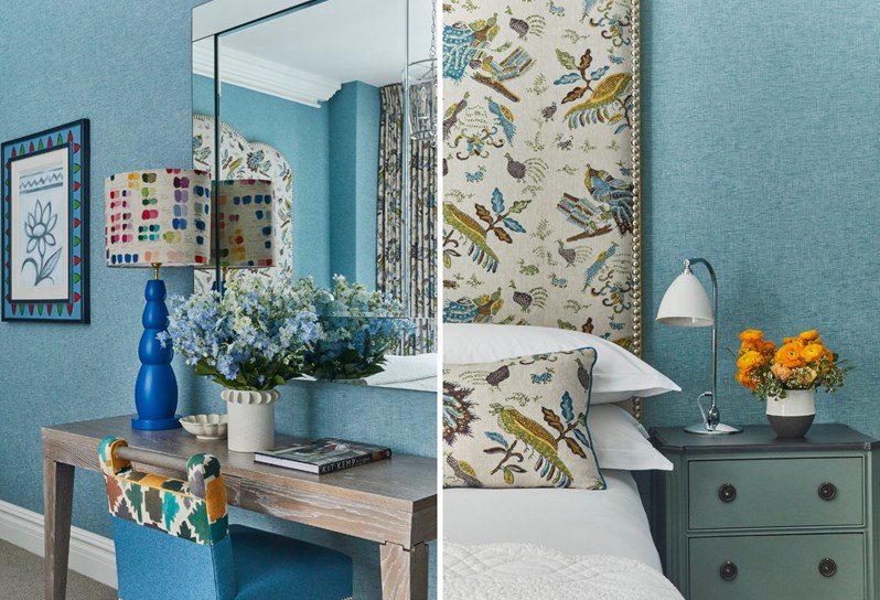 Two images stitched together. On the left, blue flowers and a blue lamp on a desk with a blue chair in front of a mirror. On the right, a close shot of a yellow, blue and brown patterned headboard, next to a bedside table with yellow flowers.