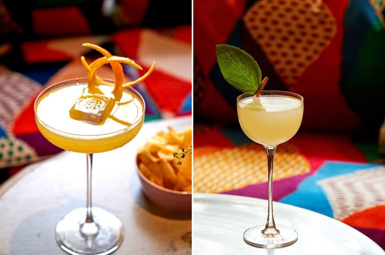 Two stitched images of cocktails at Brumus. On the left, an orange cocktail in a martini glass. On the right, a yellow cocktail in a martini glass.