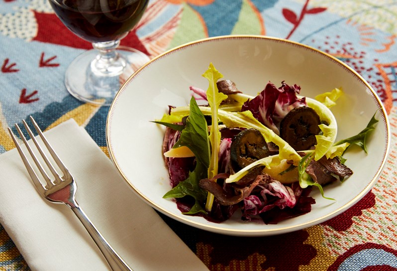 An autumn dish served on Kit Kemp's 'Mythical Creatures' china at Refuel Restaurant