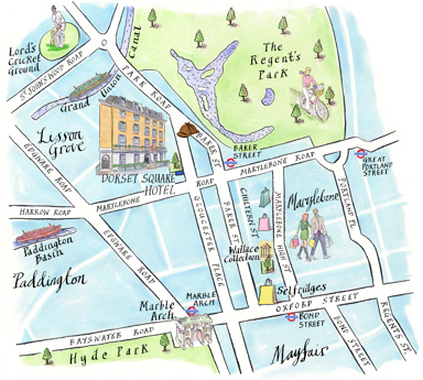 An illustrated map of Marylebone surrounding Dorset Square Hotel. Larger fonts and icons signify key areas, including Hyde Park, Regents Park, Selfridges, Lords Cricket Ground and nearby underground stations